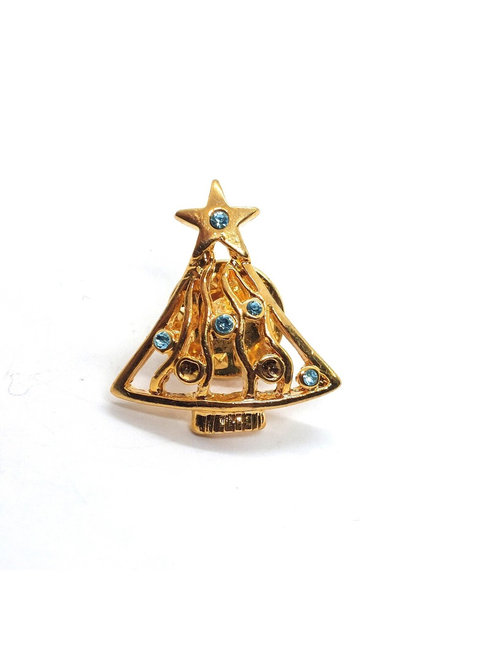 Vintage Christmas Tree Pin Blue Rhinestones Holiday Star Ornaments Lapel